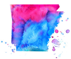 Map of Arkansas. Colorful abstract watercolor texture stain with splashes and spatters. Modern creative watercolor background for trendy design.