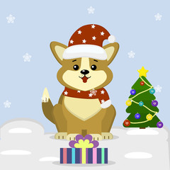 Postcard with a cute dog corgi in a santa hat and scarf, sits next to a Christmas tree and a gift box.