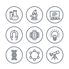 Science, research line icons on white