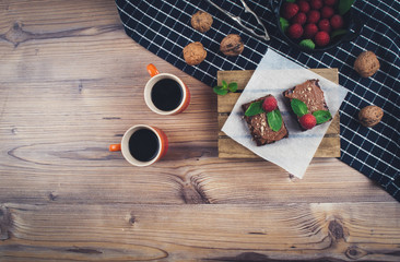 Cup of coffee with homemade brownies.
