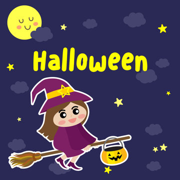 Cute Halloween design concept with witch in purple costume riding broomstick on dark blue sky background with star and moon for poster, banner, party invitation, greeting card. Vector Illustration.