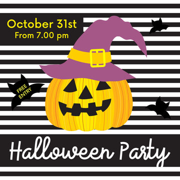 Cute Halloween party free entry on October 31st design concept with Jack O'Lantern pumpkin on striped background for poster, banner, party invitation, greeting card. Vector Illustration.