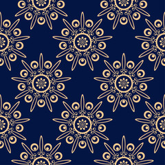 Golden floral seamless pattern on blue background