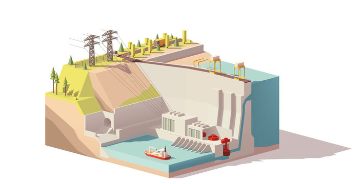 Vector low poly hydroelectric power station
