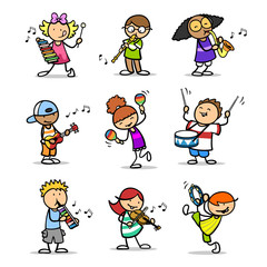 Gruppe Cartoon Kinder mit Musikinstrumenten