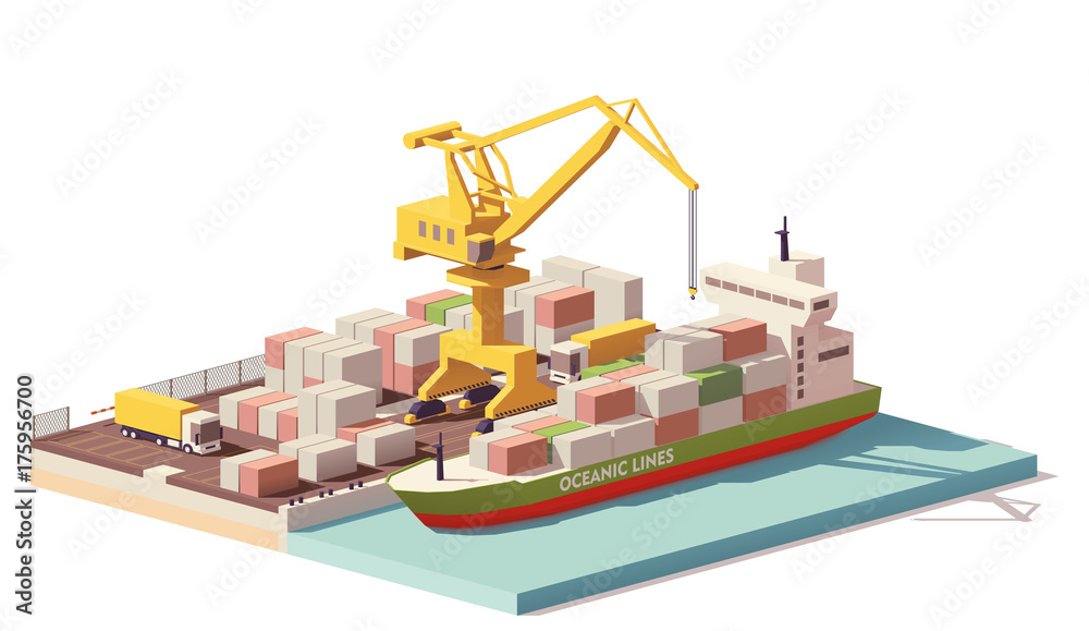 Wall mural vector low poly port container terminal and ship