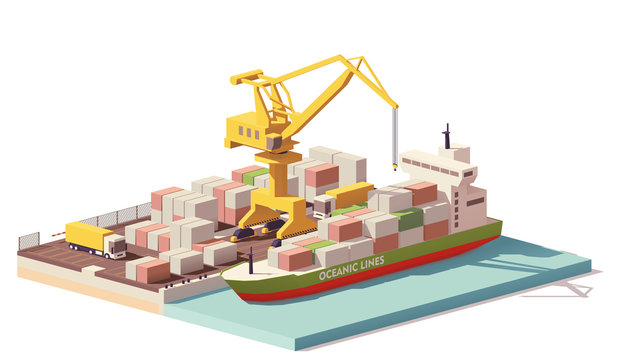 Vector low poly port container terminal and ship
