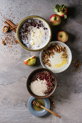 Variety bowls of milk cereal porridge with different additives, served with apples, berries and seeds over gray kitchen table. Top view with space