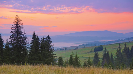 Naklejka na ściany i meble Scenic view of sunrise in the mountains at Carpathian, Ukraine. Wide format landscape of mountain which including of copy-space for text.