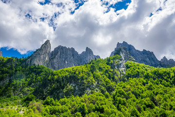Picturesque snow-capped peaks of high mountains.