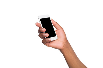 Black hand holding smartphone on isolated white background