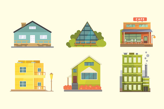 Set of different styles residential houses. City architecture retro and modern buildings. House front cartoon vector illustrations