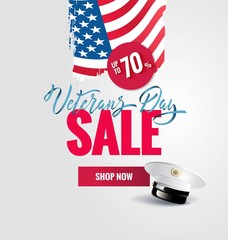 Happy Veterans Day sale banner. Holiday typographic poster with usa waving flag, brush strokes and captain cap. Thank you, Veterans. Vector  illustration