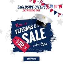 Happy Veterans Day sale banner. Holiday background with bunting flags, brush strokes and captain cap. Thank you, Veterans. Vector  illustration