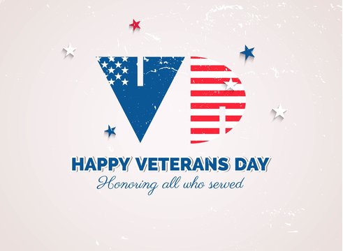 Happy Veterans Day flyer, banner or poster. Holiday background with VD letters in us national colors. Vector flat illustration
