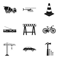 Construction machine icons set, simple style