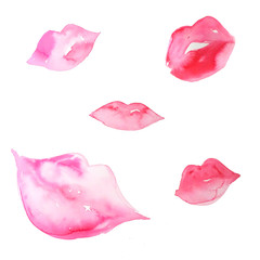 Watercolor illustration of a pink lips kiss hand painted collection 