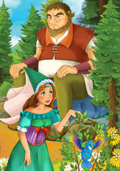 Obraz premium Cartoon scene with some beautiful girl in forest - illustration for children