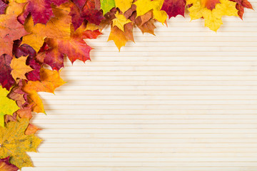 Naklejka na ściany i meble Autumn leaves on a wooden background. Space for inscription.