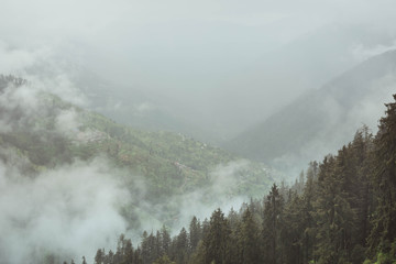 Himalayas mountains fog landscape.