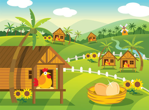 Farm illustration with cute chicken and egg, palm tree green environment infographic