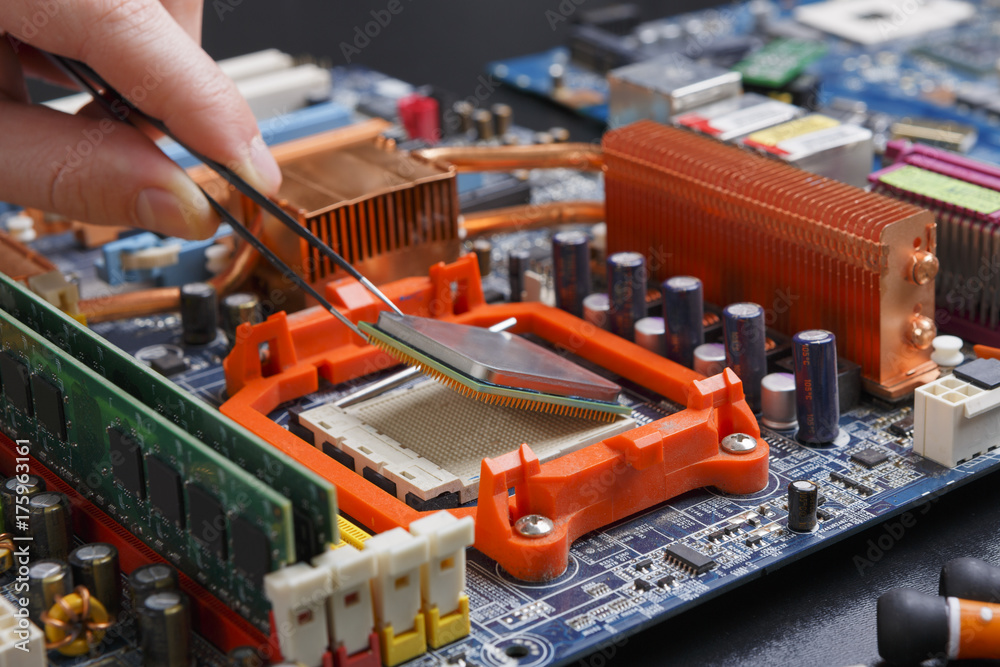 Poster Computer processor chip disassembling close up