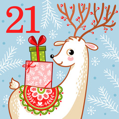 Vector christmas advent calendar in childrens style. Cute deer with Christmas gifts on his back. Illustration with an animal.