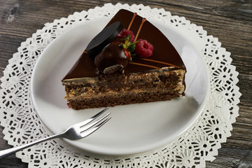 Slice of chocolate cake with chocolate cream