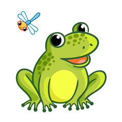 Obraz premium Żaba siedzi na białym tle. Śliczna ilustracja z ważką i żabą w stylu kreskówki.