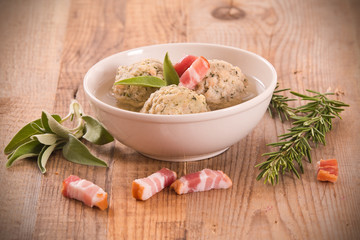 Canederli pasta with bacon. 