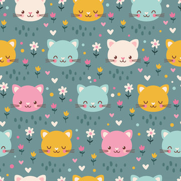 Vector seamless pattern with cute kittens. Illustration in the childrens style