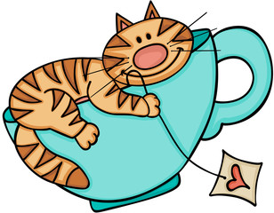 Happy cat on blue cup of tea