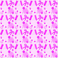 Background with volumetric pattern, scissors, threads, cloth, buttons and beads