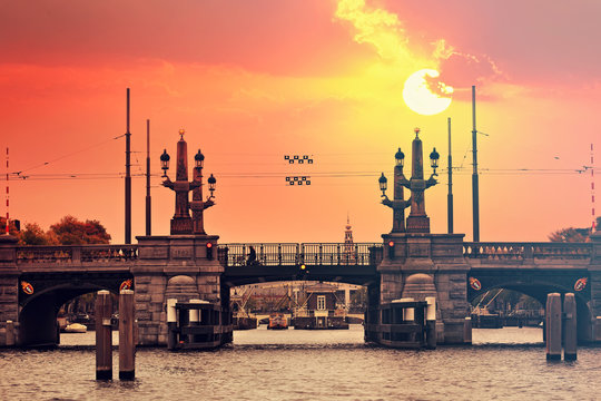 Amsterdam Canal Bridge at sunset. Netherlands,Europe
