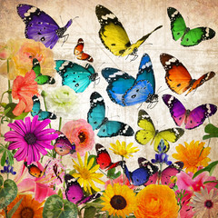 Naklejka premium Colorful beautiful wild flowers and butterflies flying. Plants and Insects. Wildlife diversity