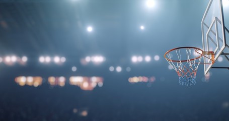 3D rendering of basketball arena with a hoop is empty