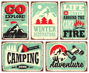 Retro collection of winter vacation signs and posters. Outdoor activities promotional set of posters. © lukeruk