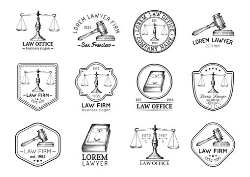Law office icons set with scales of justice, gavel etc illustrations. Vector vintage attorney, advocate labels.