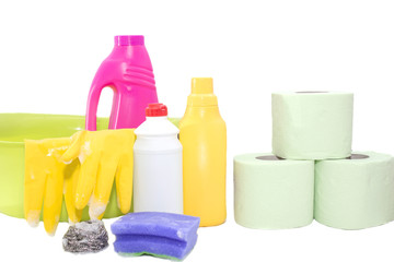 Cleaning items in bucket isolated on white background
