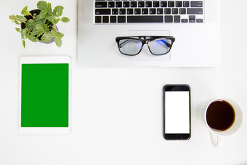 Work space office desk table top header have place gadget tablet, smart phone, laptop ready using for contact connection around the world