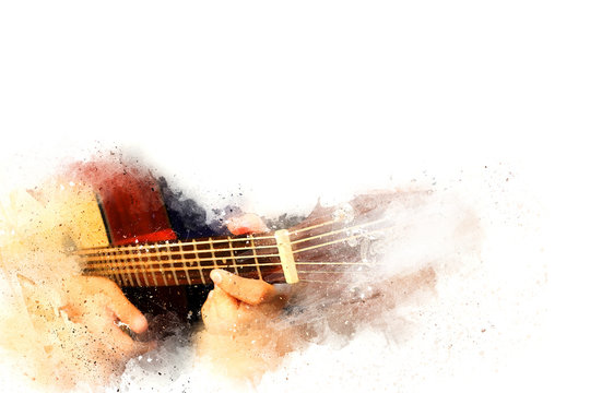 Abstract beautiful playing Guitar in the foreground, Watercolor painting background and Digital illustration brush to art.