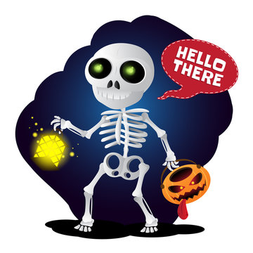Happy cartoon skeleton walking with lantern and pumpkin head. Vector illustration to Happy Halloween isolated on white background