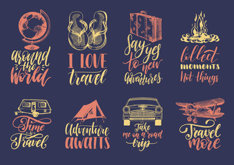 Vector set of hand lettering with phrases about traveling and sketches of touristic symbols.