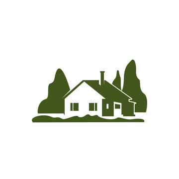 Green villa house garden trees vector icon