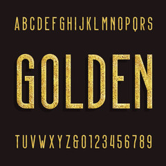 Golden Alphabet Font. Metallic effect shiny letters and numbers. Stock vector typeface for your headers and any typography design.