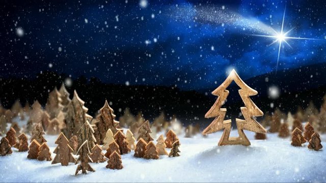 Wooden decoration arranged in snow, a fantasy forest night landscape footage with falling snowflakes and a shooting star, ideal for Christmas or winter