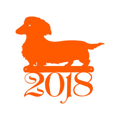 New Year's dog goes, orange silhouette on a white background.