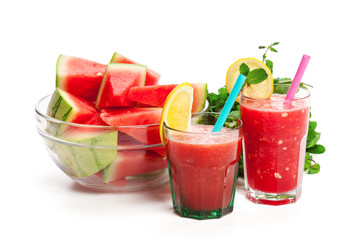 Watermelon drink in glasses with slice