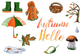 Set of hand drawn watercolor autumn accessories coat, umbrella, leaves
