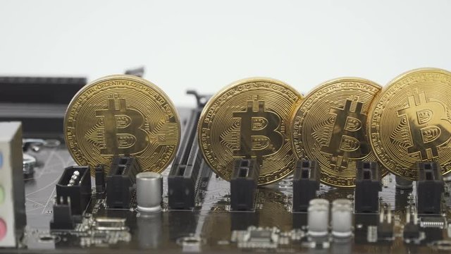 Bitcoins on motherboard in close-up